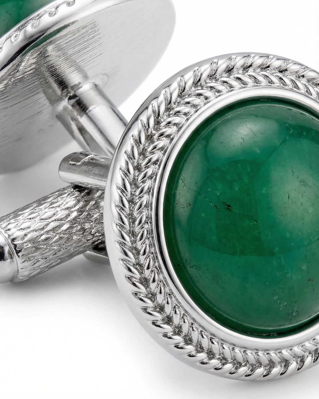 Round Silver-Tone Cufflinks with Green Chalcedony