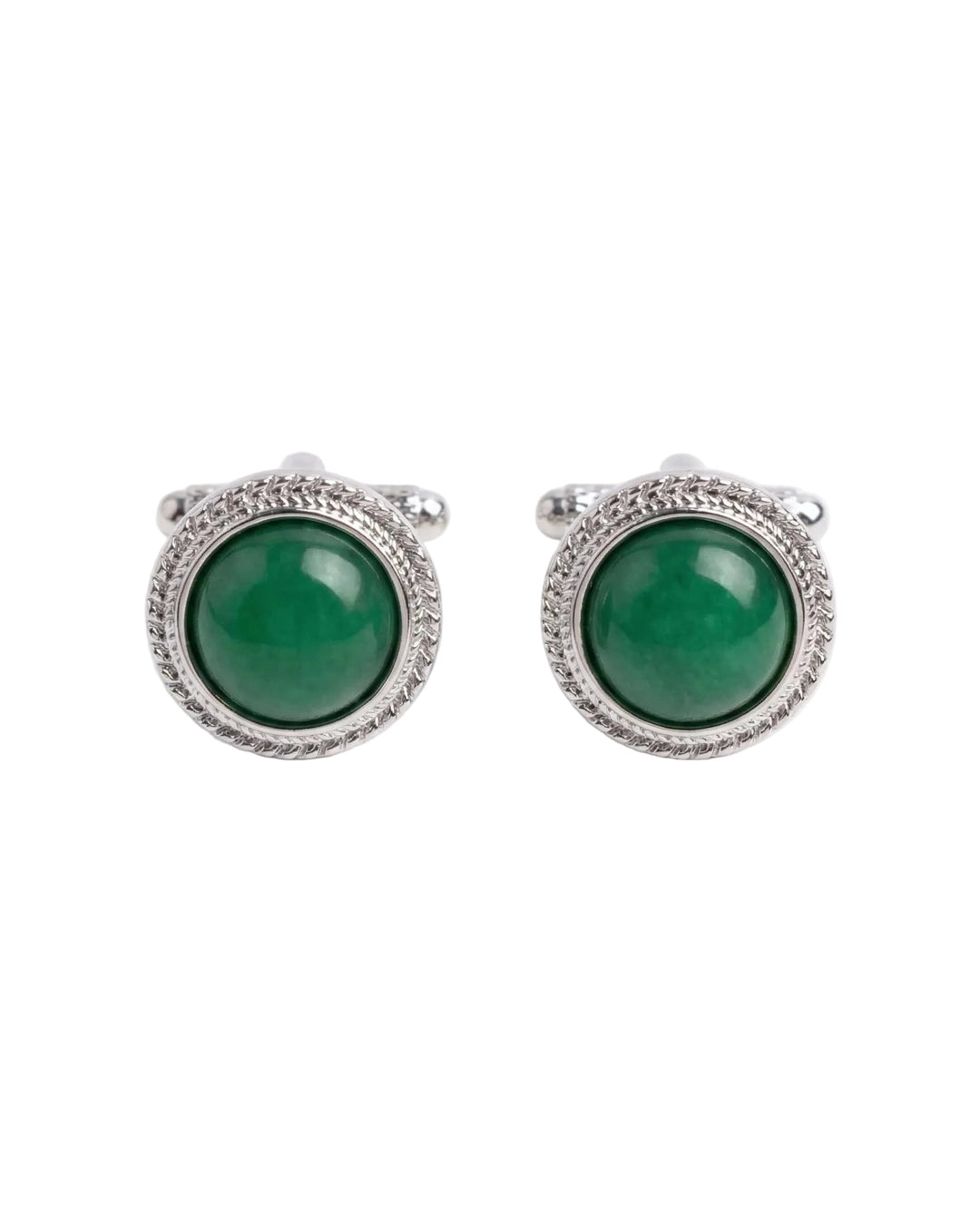 Round Silver-Tone Cufflinks with Green Chalcedony