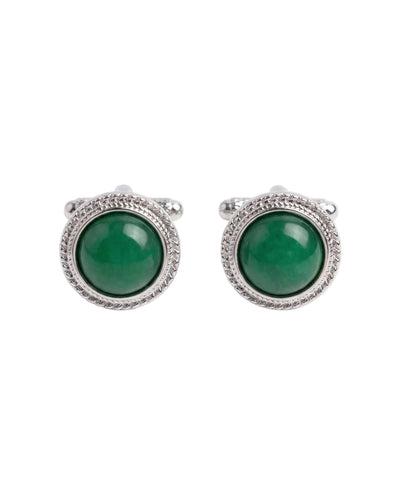 Round Silver-Tone Cufflinks with Green Chalcedony
