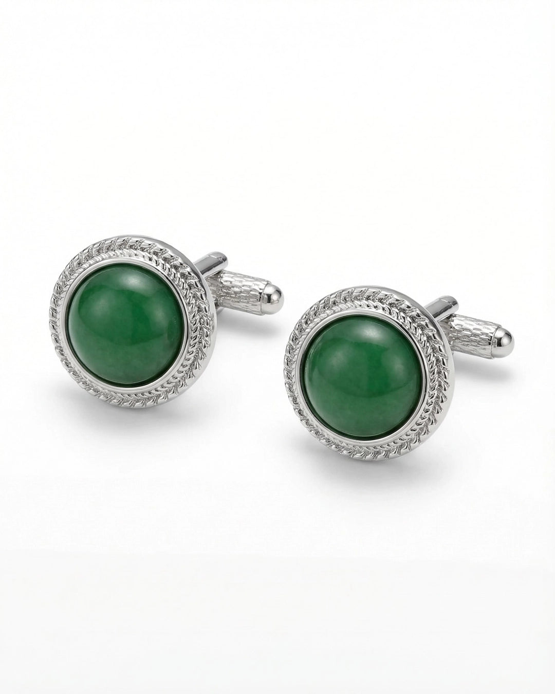 Round Silver-Tone Cufflinks with Green Chalcedony