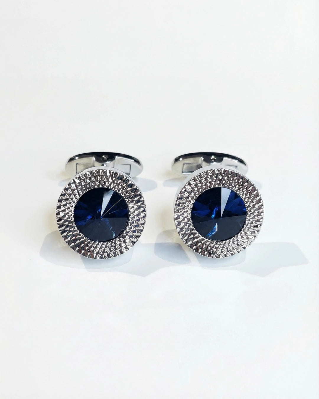 Round Silver-Tone Cufflinks with Austrian Blue Crystal
