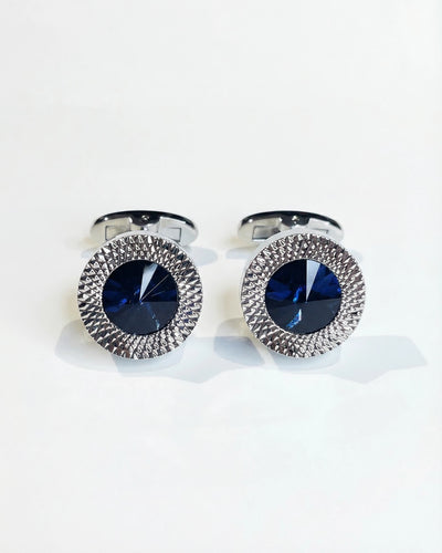 Round Silver-Tone Cufflinks with Austrian Blue Crystal