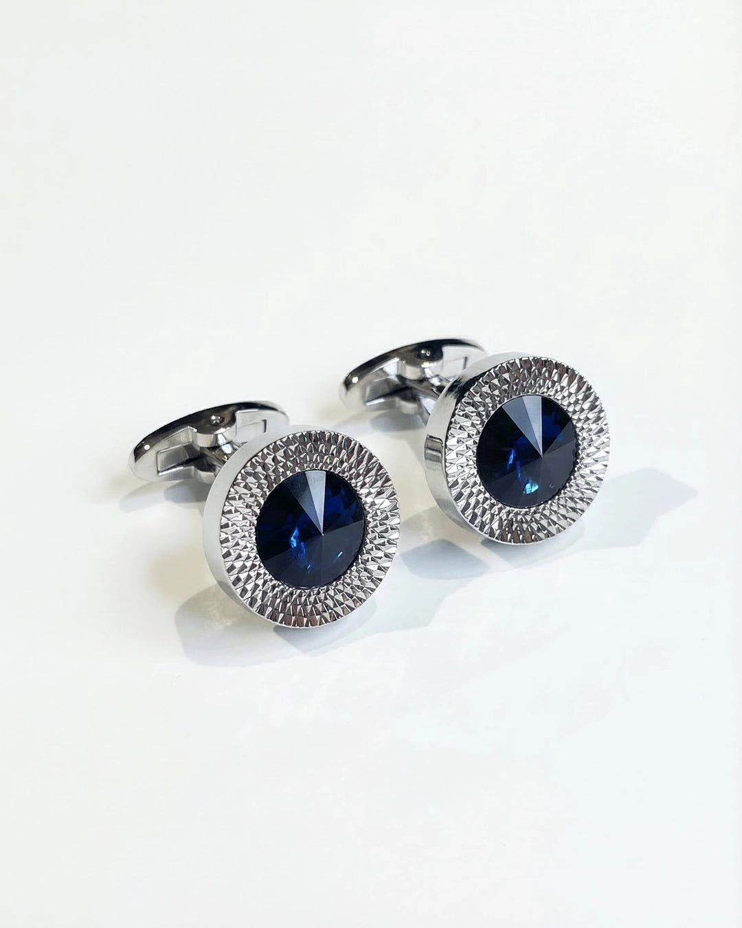 Round Silver-Tone Cufflinks with Austrian Blue Crystal