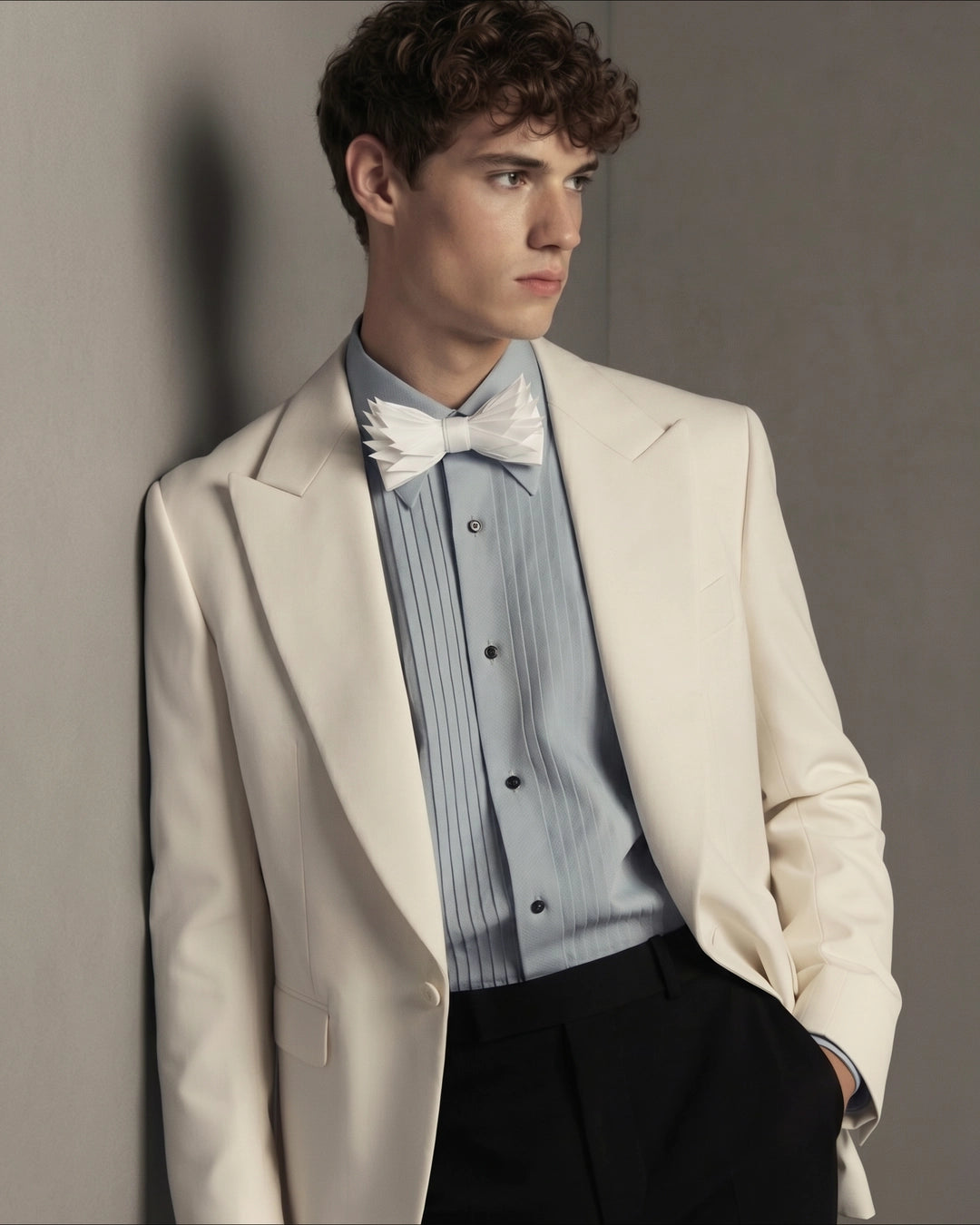 Man wearing a light-colored suit with a white bow tie against a neutral background